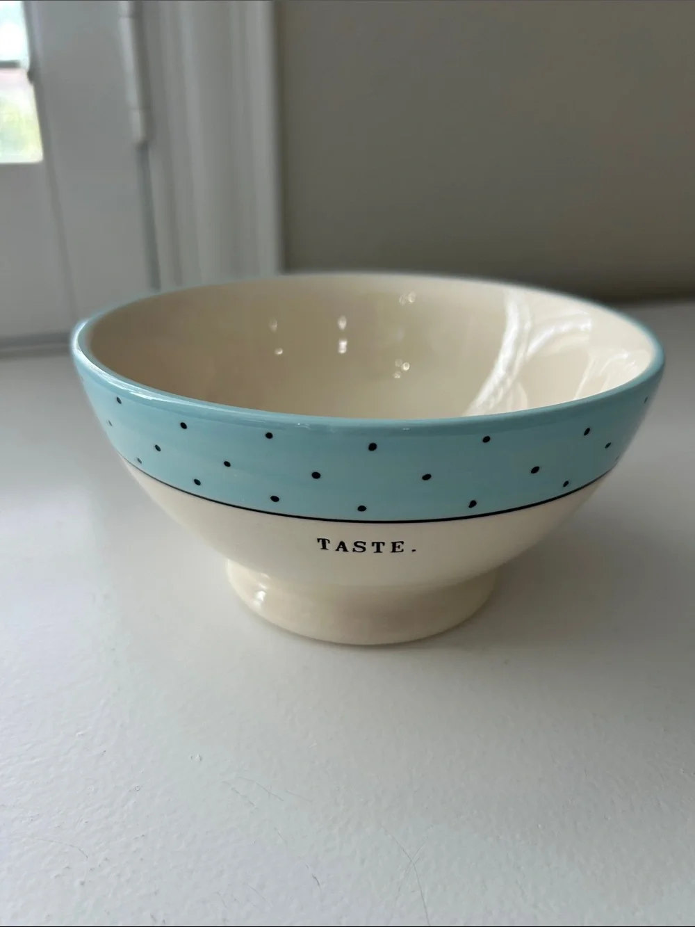 Rae Dunn Cream and Light Blue Polka Dot 'TASTE.' Ceramic Bowl